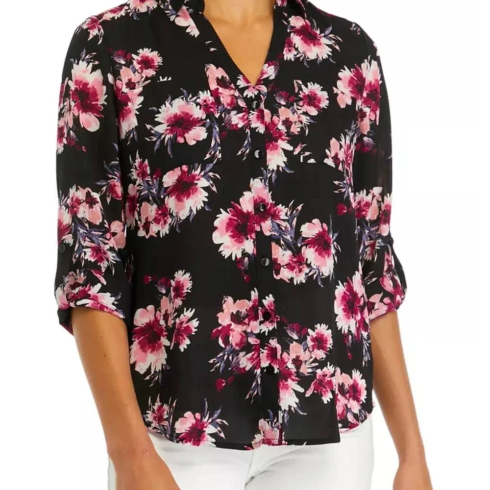 BCX Portofino Woven Top Black Floral Roll‑Tab Sleeves L NWT $79 - Picture 1 of 7